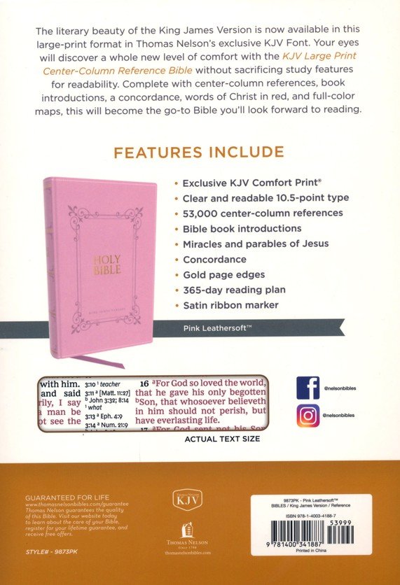 KJV Holy Bible Large Print Center-Column Reference Bible, Comfort Print--pink soft leather-look