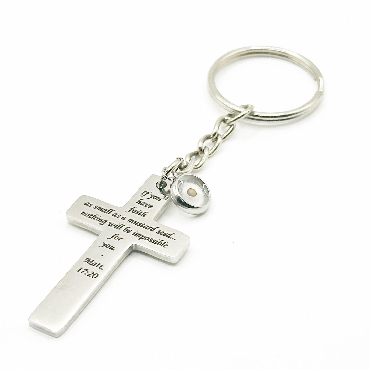 Mustard Seed Faith Cross Keychain Matthew 17 20 Scripture Keychain Christian Gift Stainless Steel Keychain