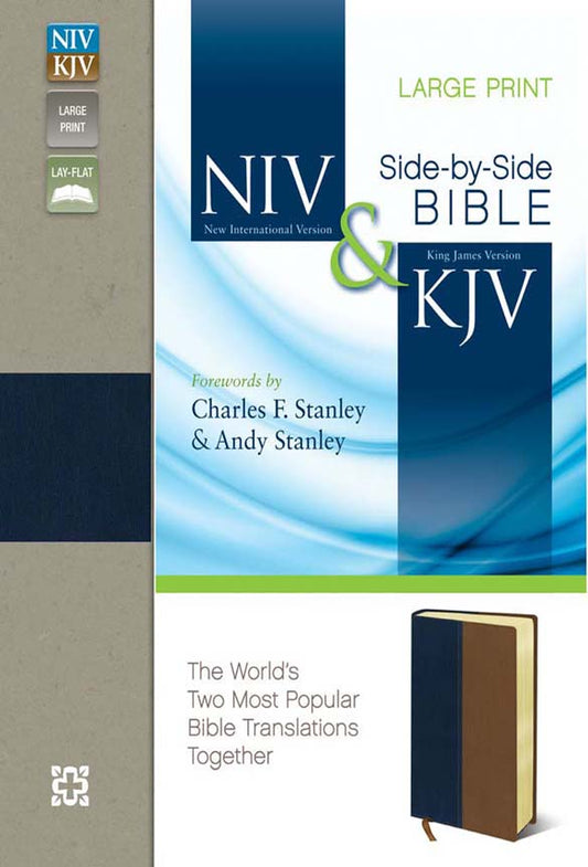 NIV and KJV Side-by-Side Bible, Large Print, Italian Duo-Tone, Navy/Tan