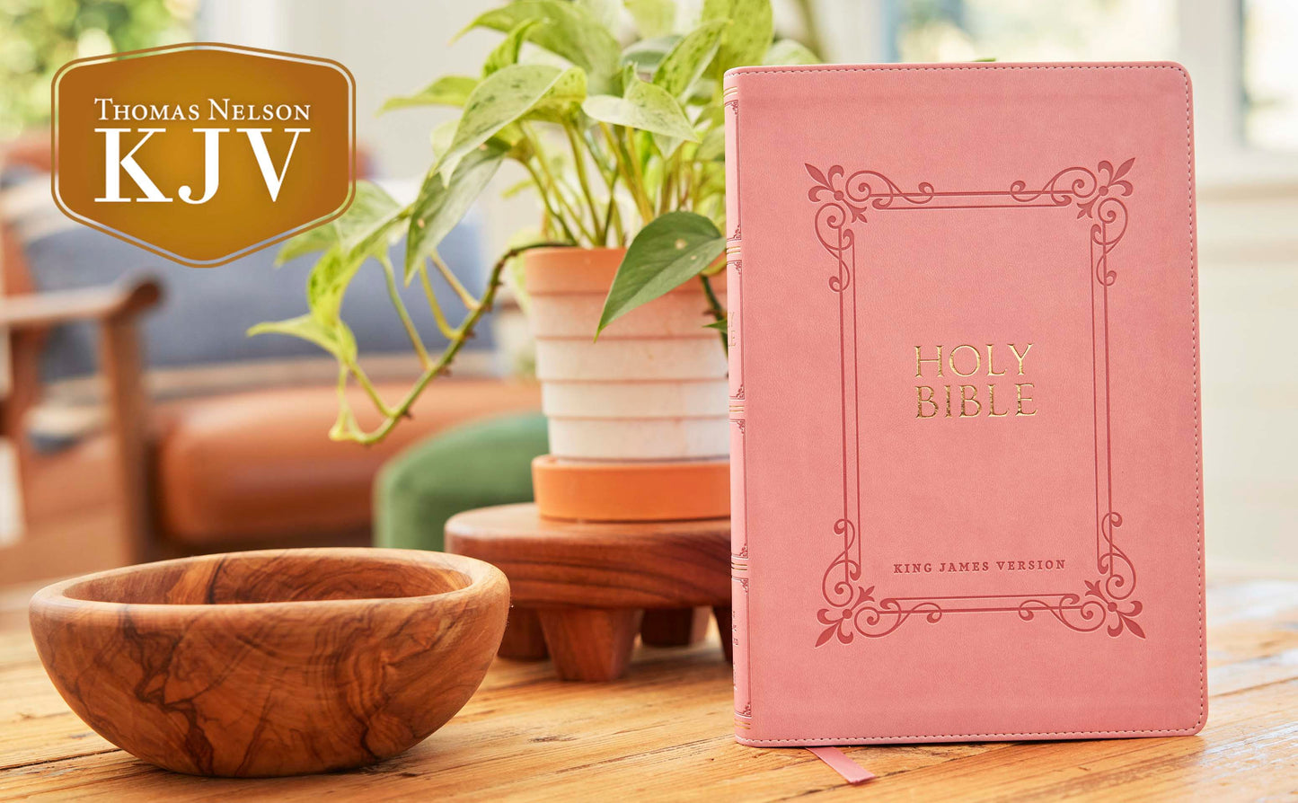 KJV Holy Bible Large Print Center-Column Reference Bible, Comfort Print--pink soft leather-look