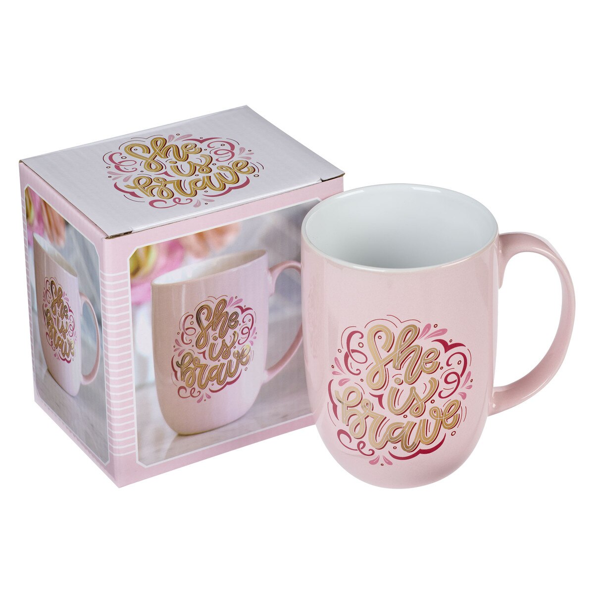 ceramic coffee mug - She is Brave (Pink)