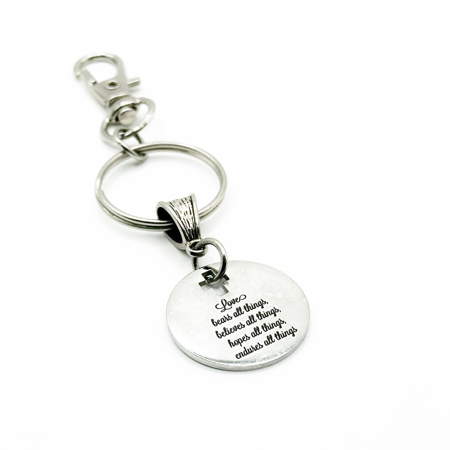 Christian Love Scripture Keychain Stainless Steel Faith Gift Cross Charm Inspirational Bible Verse Keychain For Her Or Him