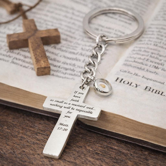 Mustard Seed Faith Cross Keychain Matthew 17 20 Scripture Keychain Christian Gift Stainless Steel  Keychain