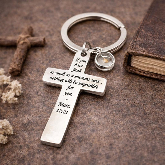 Mustard Seed Faith Cross Keychain Stainless Steel Christian Keychain Scripture Gift Matt 17 21 Inspirational Faith Gift