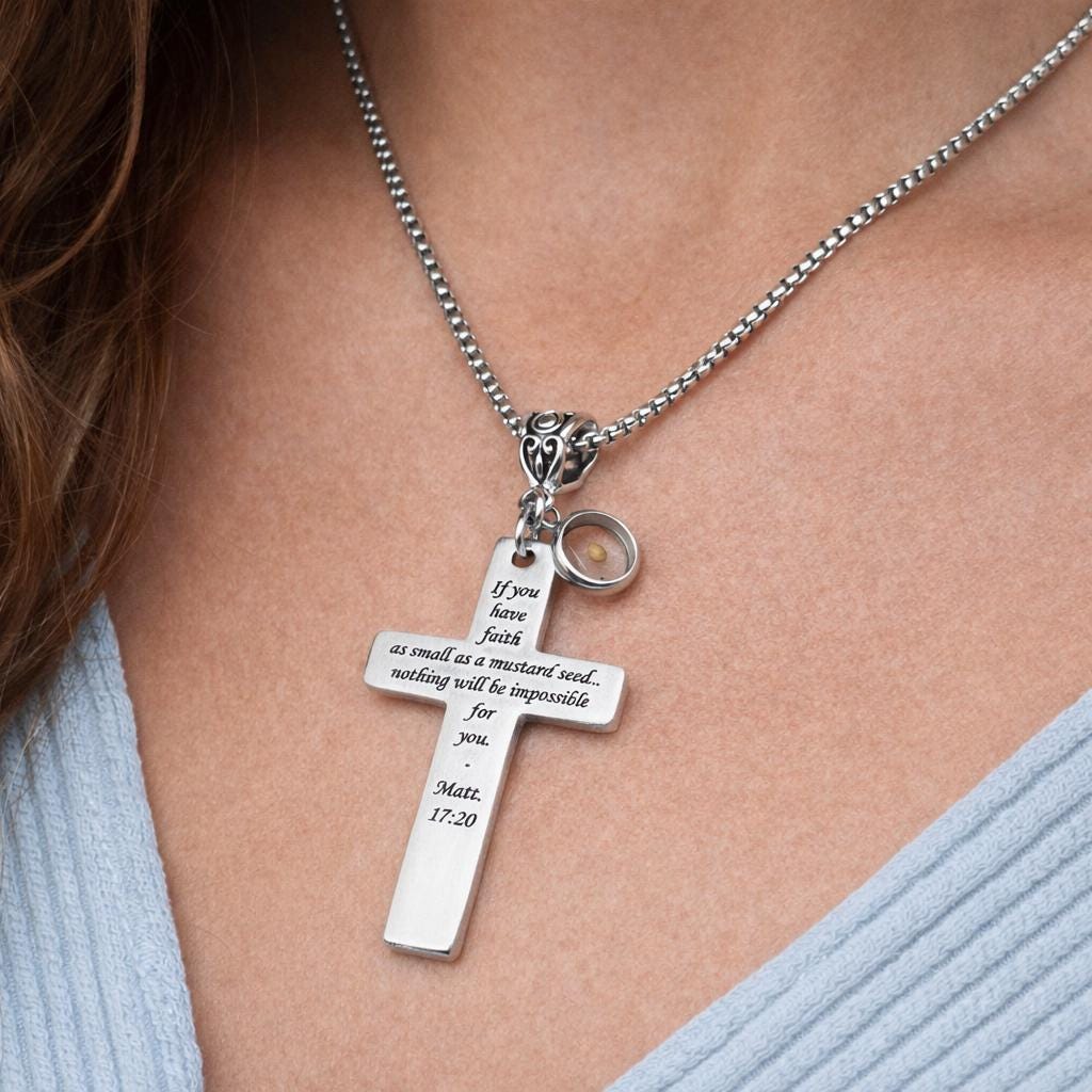 Mustard Seed Faith Cross Necklace Matthew 17 20 Christian Jewelry Stainless Steel Bible Verse Gift Scripture Necklace