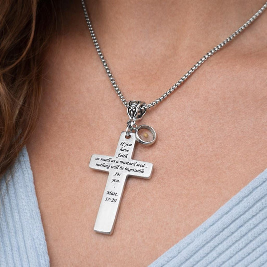 Mustard Seed Faith Cross Necklace Matthew 17 20 Christian Jewelry Stainless Steel Bible Verse Gift Scripture Necklace