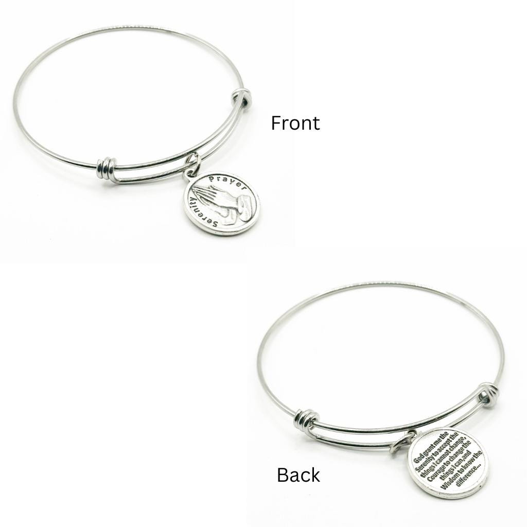 Serenity Prayer Bracelet Faith Jewelry Recovery Gift Silver Plated Charm Stainless Steel Expanding Bangle