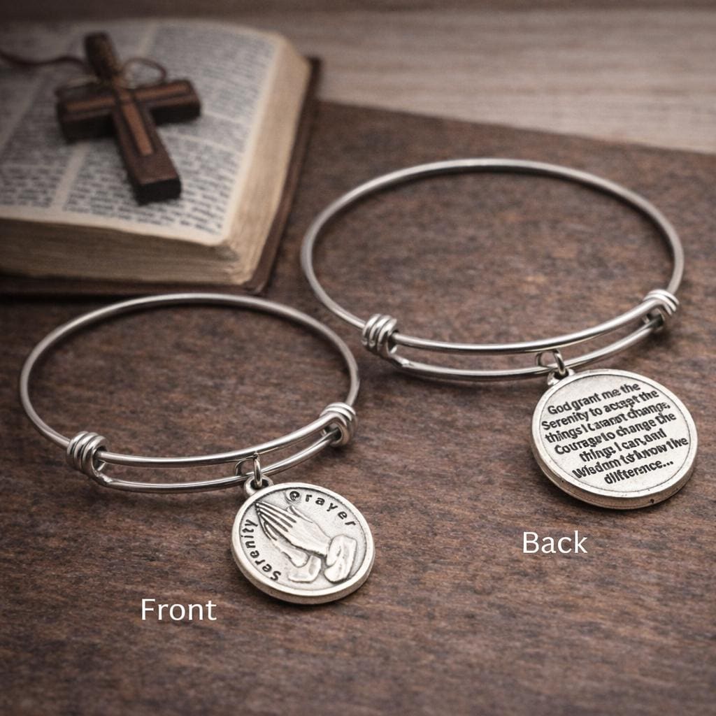 Serenity Prayer Bracelet Faith Jewelry Recovery Gift Silver Plated Charm Stainless Steel Expanding Bangle