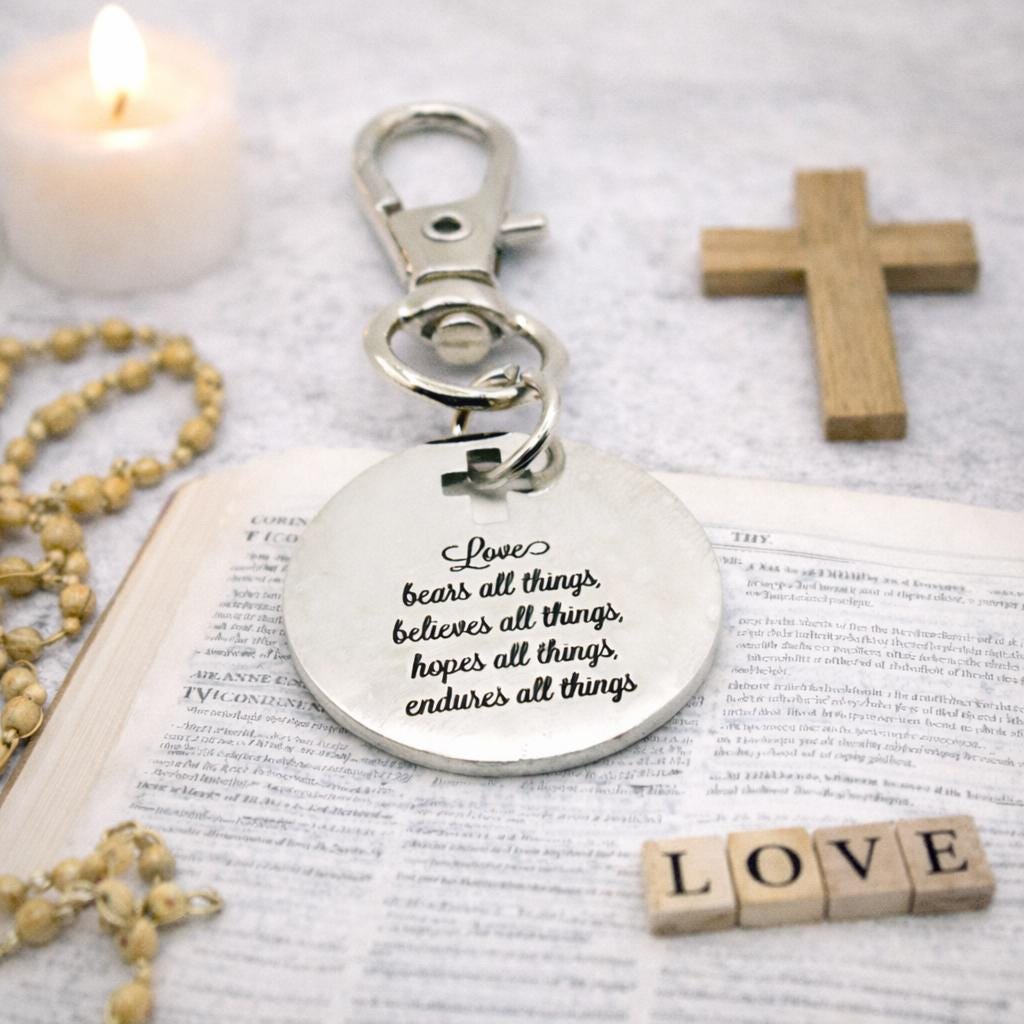 Love Bears All Things Clip On Charm Stainless Steel Faith Keychain Christian Scripture Gift Encouragement Inspiration
