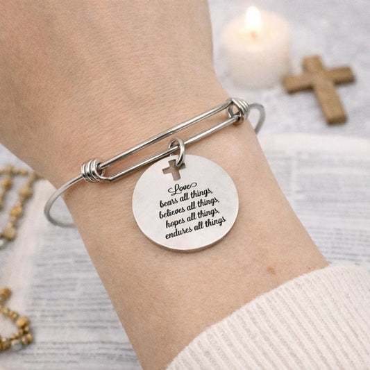 Love Bears All Things Bracelet Stainless Steel Faith Jewelry Christian Scripture Bangle Inspirational Religious Gift