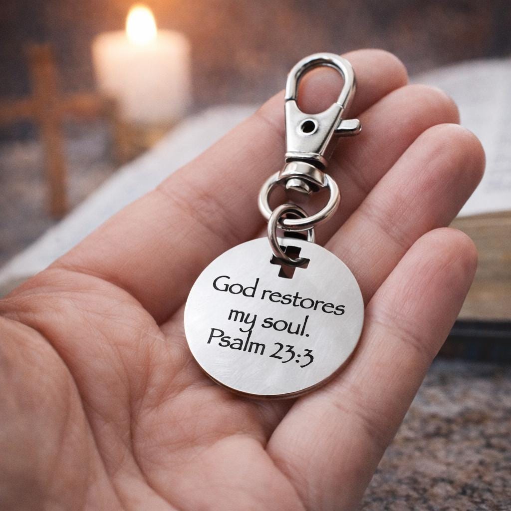 God Restores My Soul Psalm 23 3 Clip On Charm Stainless Steel Faith Charm Lobster Clasp Purse Charm Zipper Pull Bible Verse Gift